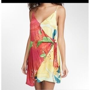 Farm Rio Tropical Floral Wrap Mini Dress Pink Yellow Green XS SN 284153